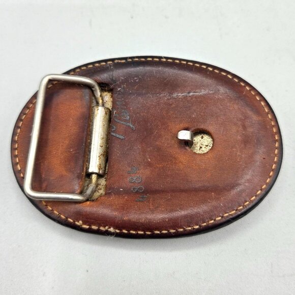 1976 Tony Lama Leather Oval Belt Buckle Embroidered Eagle Patriotic Signed